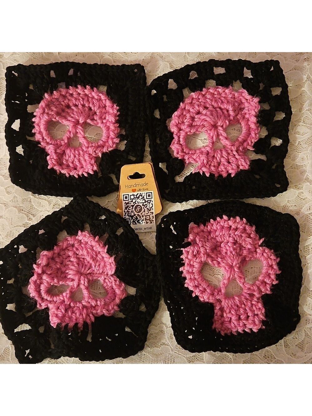 Handmade 4-pcSet Skull Crochet Coasters Alpaca Cashmere Grunge Gothic Decor 6"